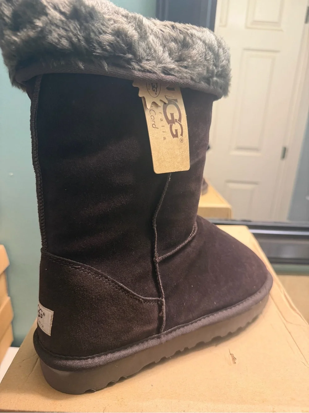 Classic Short Boot in Dark Brown with Gray Fur Trim